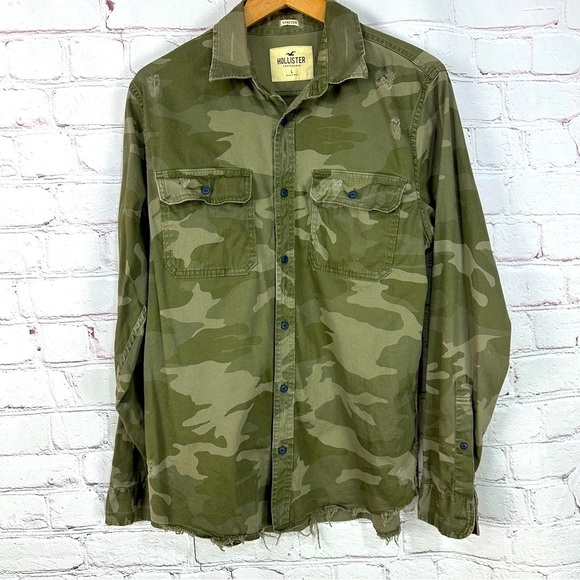 Hollister Green Camouflage shacket long sleeve shirt Jacket size large stretchy - Picture 1 of 10